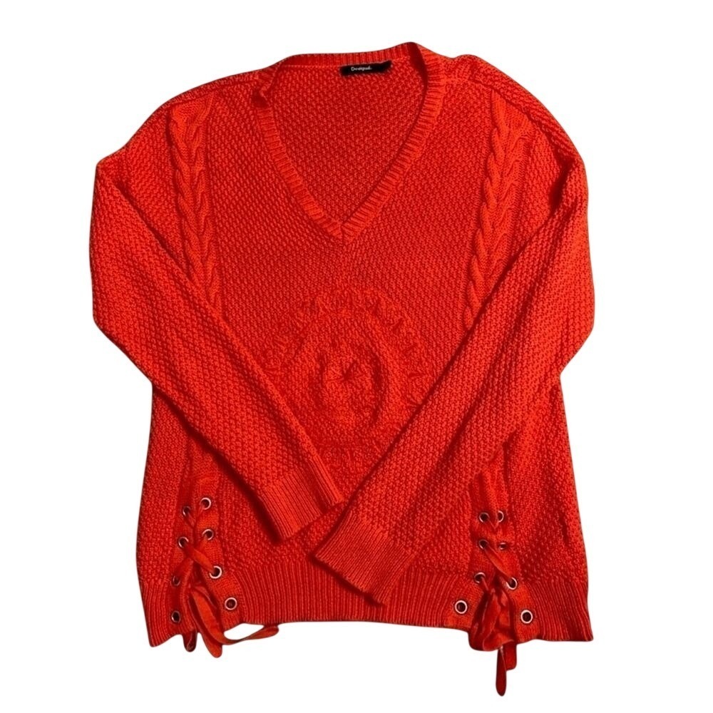 Desigual Red Long Sleeve V-Neck Knit Sweater 100% Cotton Women Small